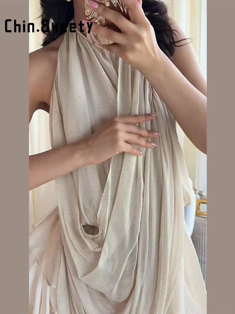 Pleated Halter Backless Vest Top – Women’s Chic Sleeveless Tank