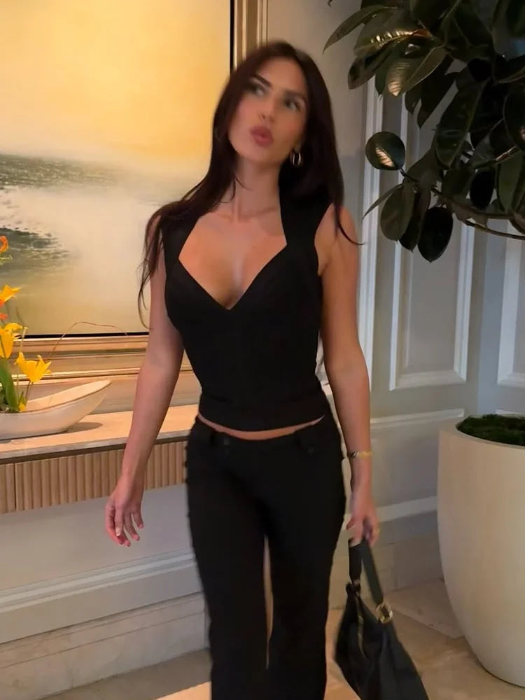 Deep V Neck Bandage Corset Top – Sleeveless Bodycon Blouse