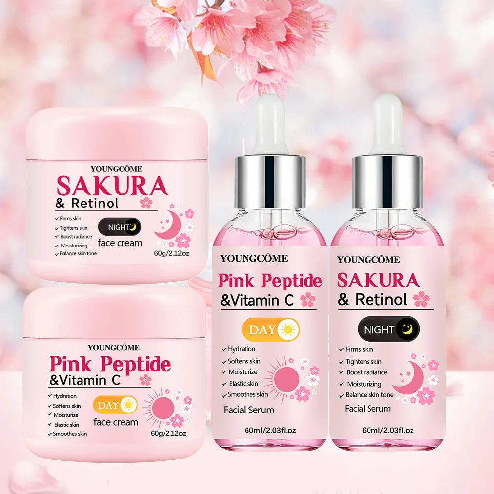 4-Piece Pink Peptide & Sakura Day Night Skincare Set – Vitamin C + Retinol Cream