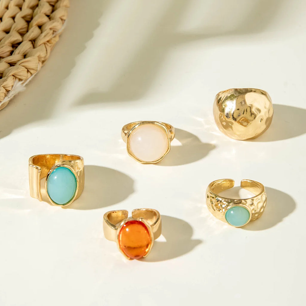 Retro Gem Metal Ring Set – Geometric Irregular Opening Rings for Women