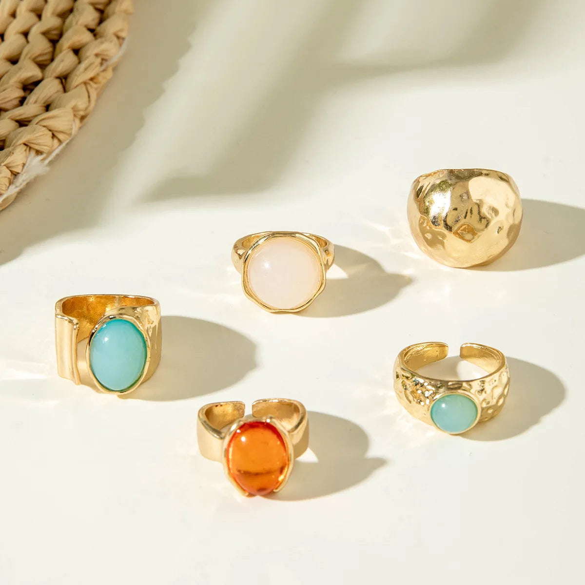 Retro Gem Metal Ring Set – Geometric Irregular Opening Rings for Women
