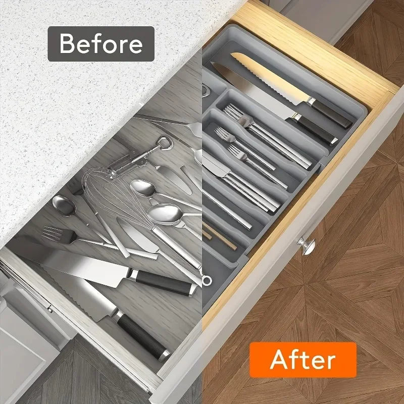 Adjustable Flatware & Utensil Drawer Organizer – Plastic Multifunctional Kitchen Counter Storage