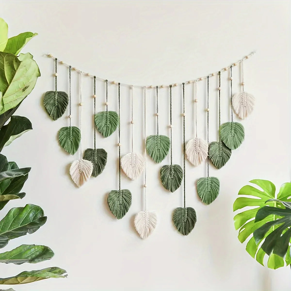 Bohemian Green Leaf Woven Wall Hanging | Feather Decor for Living Room & Bedroom
