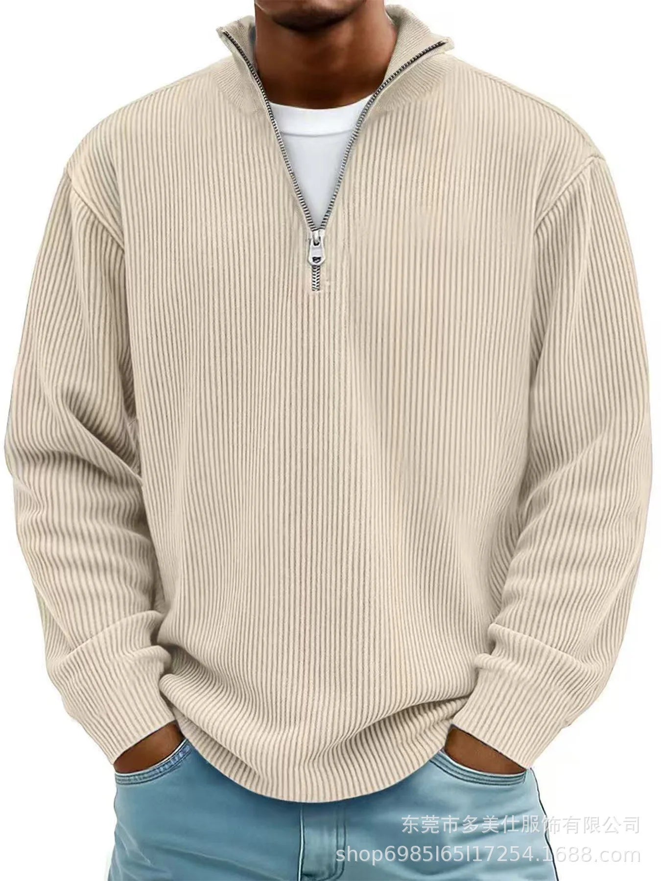 Men’s Half Zip Stand Collar Corduroy Polo Sweatshirt – Casual Autumn Winter Top