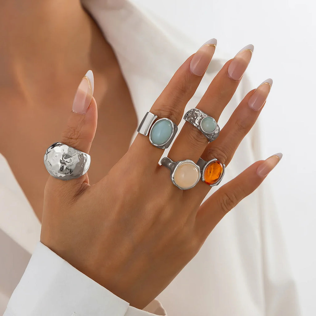 Retro Gem Metal Ring Set – Geometric Irregular Opening Rings for Women
