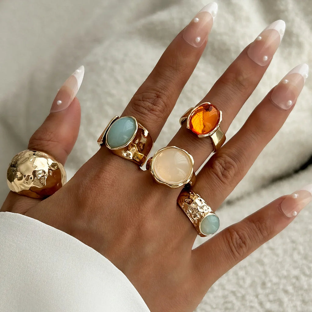 Retro Gem Metal Ring Set – Geometric Irregular Opening Rings for Women