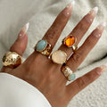 Retro Gem Metal Ring Set – Geometric Irregular Opening Rings for Women