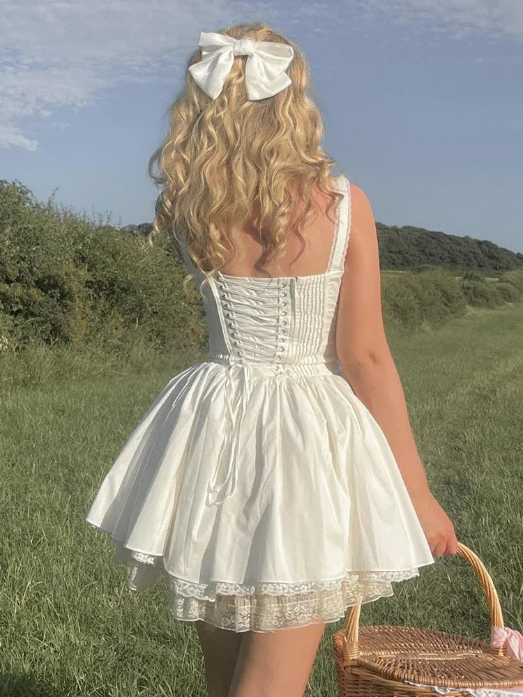 White Lace Up Spaghetti Strap Mini Dress – Elegant A-Line Party Dress