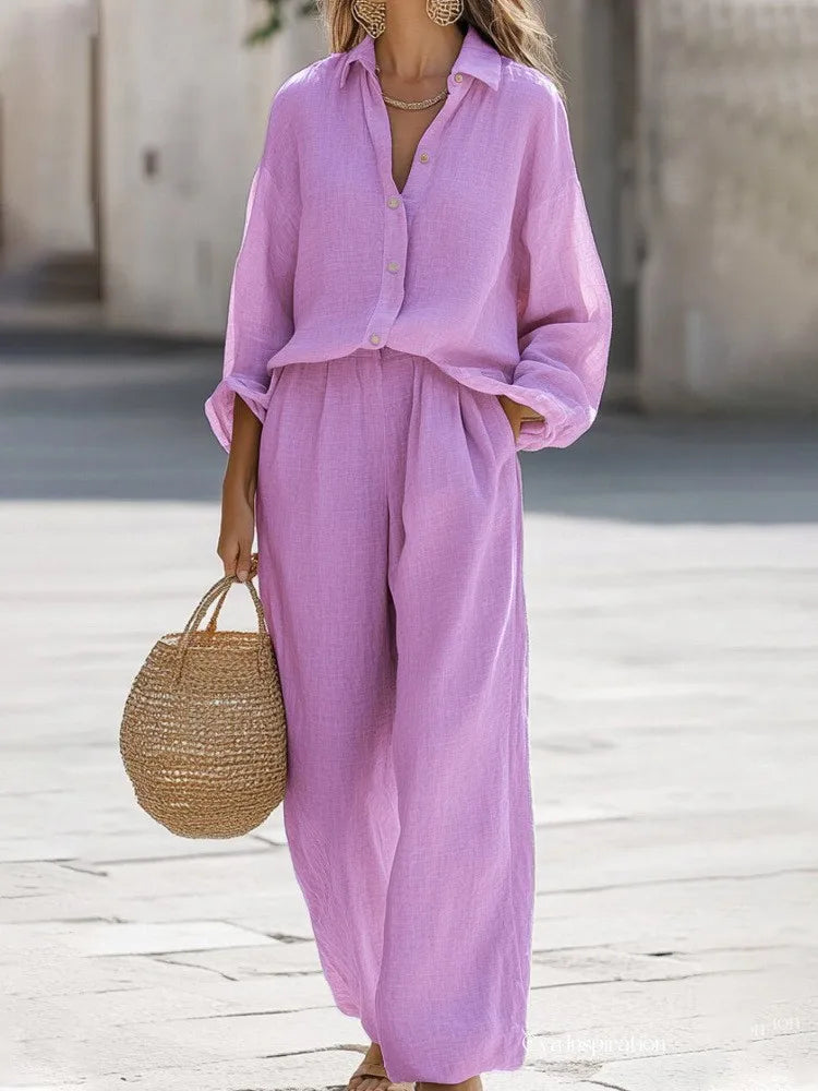 Casual Lapel Long Sleeve Shirt & Wide Leg Pants Two Piece Set – Women’s Cotton Suit