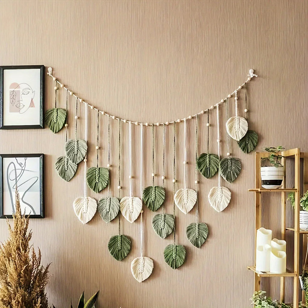 Bohemian Green Leaf Woven Wall Hanging | Feather Decor for Living Room & Bedroom