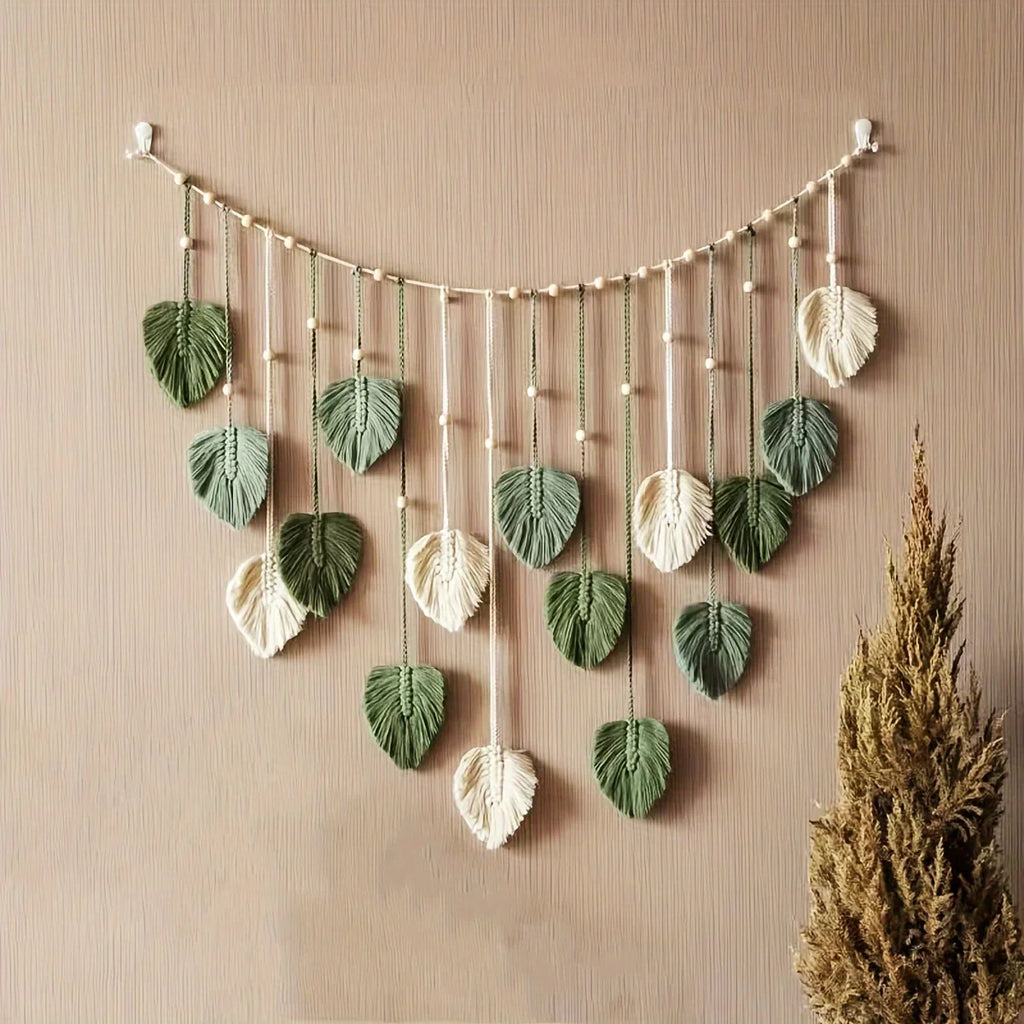 Bohemian Green Leaf Woven Wall Hanging | Feather Decor for Living Room & Bedroom