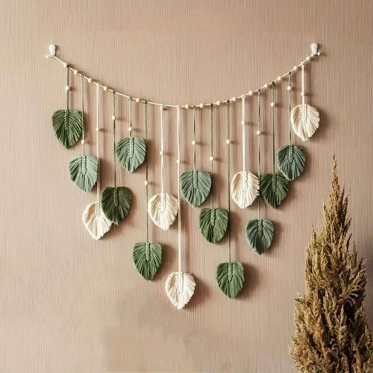 Bohemian Green Leaf Woven Wall Hanging | Feather Decor for Living Room & Bedroom
