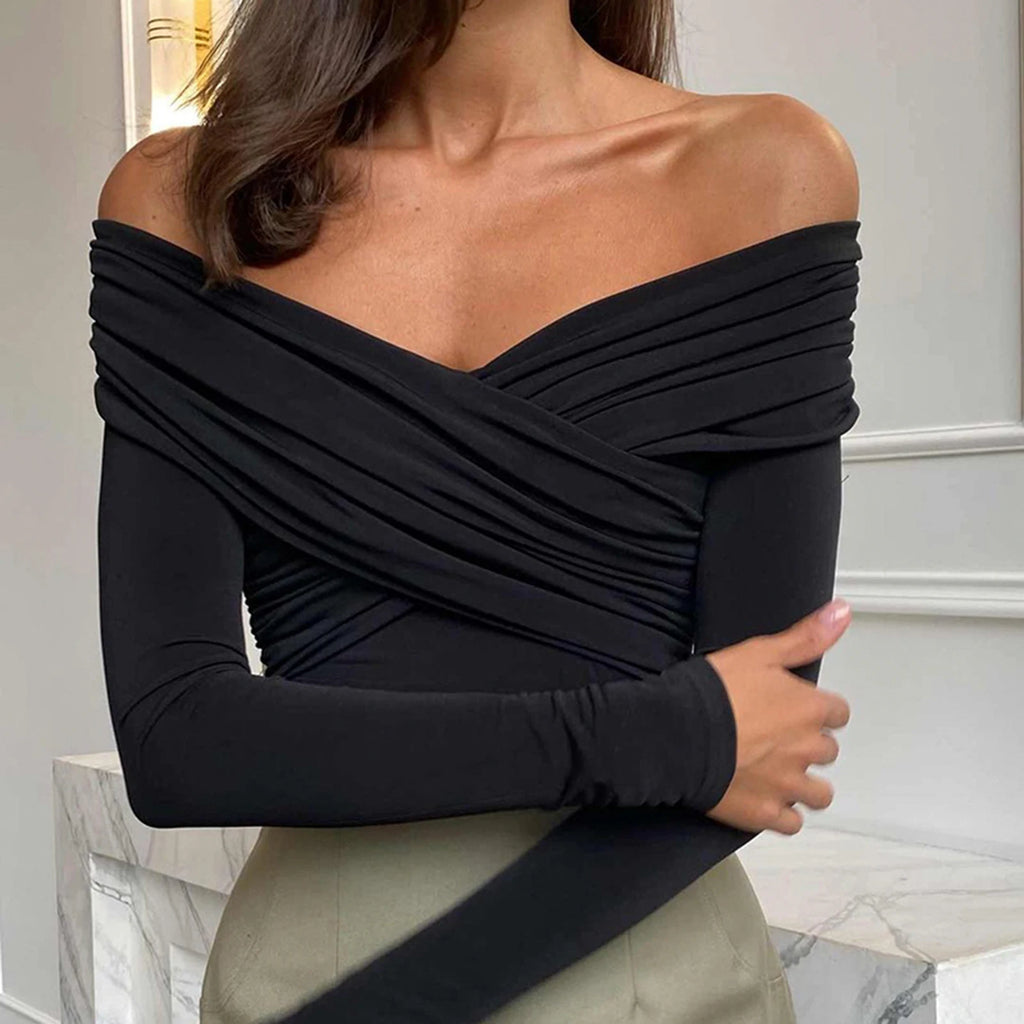 Off Shoulder Front Cross Long Sleeve Slim Top – Women’s Clubwear Streetwear