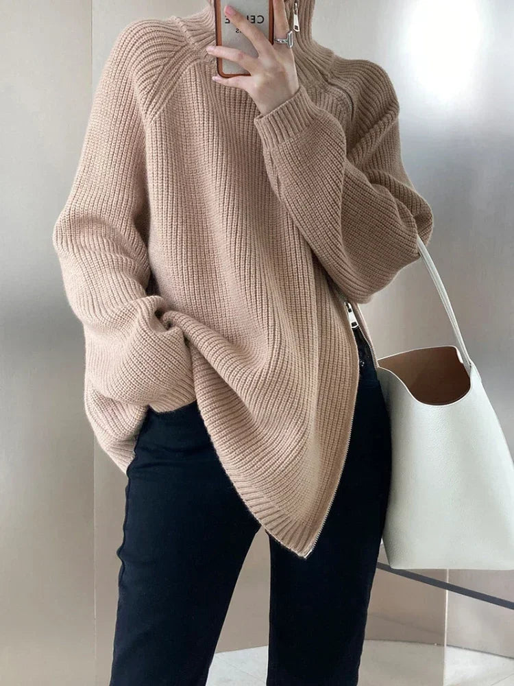 Turtleneck Zipper Oversized Knit Sweater – Women’s Warm Autumn Pullover