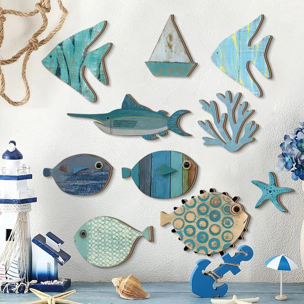 Handcrafted Wooden Ocean Wall Decor | Coastal Fish & Starfish Art Set