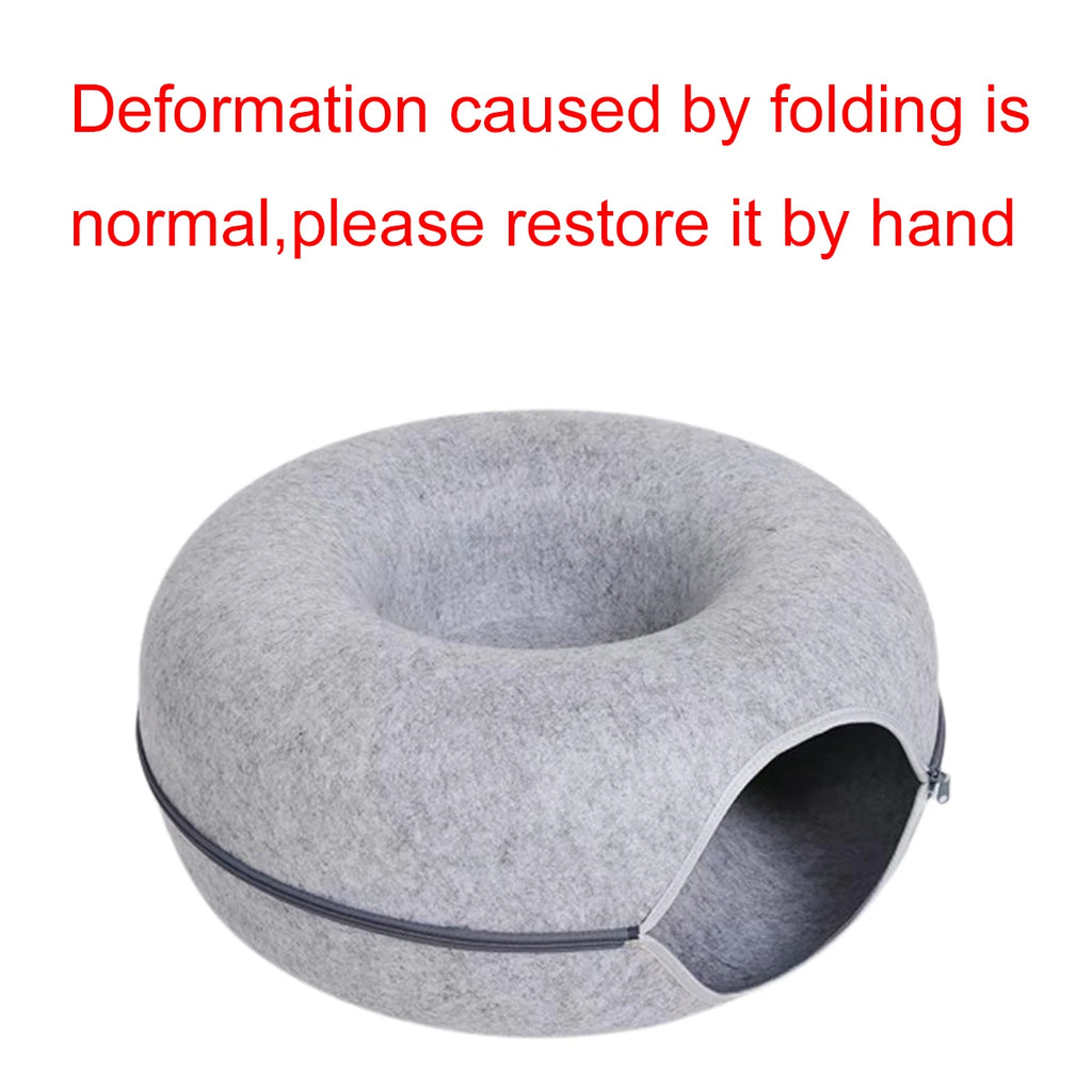 Round Cat Tunnel Nest – Felt Kitten Bed House with Scratcher & Donut Sleeping Toy