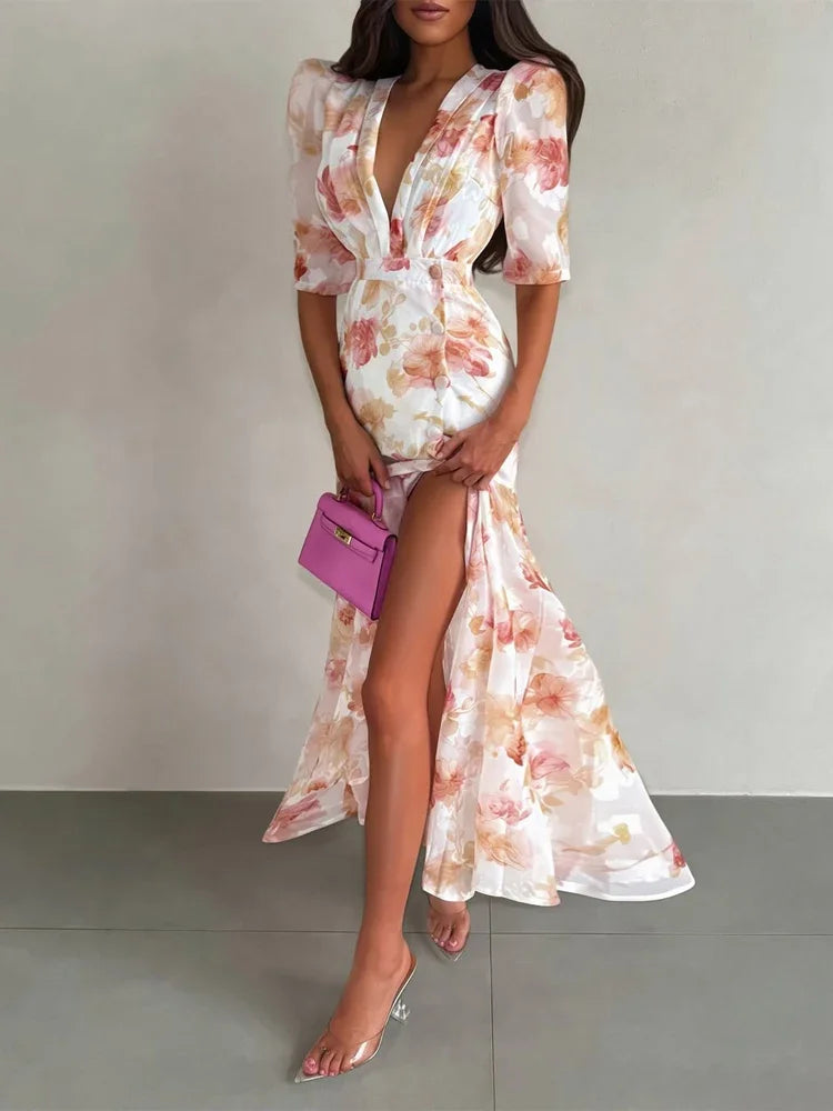 Flutter Sleeve Floral Maxi Dress – Deep V Neck Summer Holiday Dress