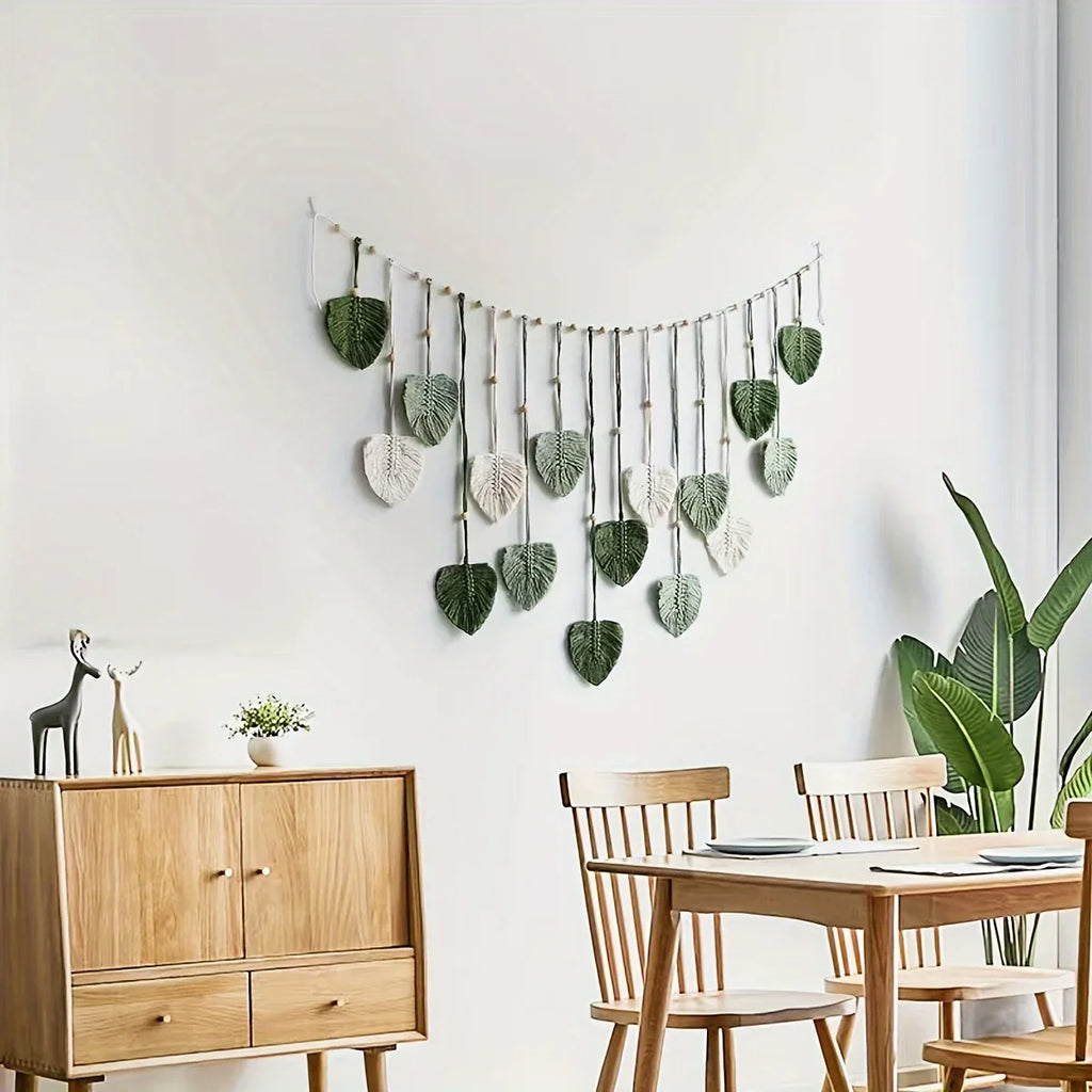 Bohemian Green Leaf Woven Wall Hanging | Feather Decor for Living Room & Bedroom
