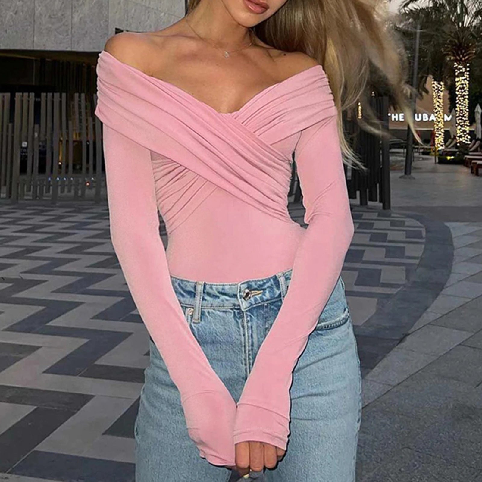 Off Shoulder Front Cross Long Sleeve Slim Top – Women’s Clubwear Streetwear
