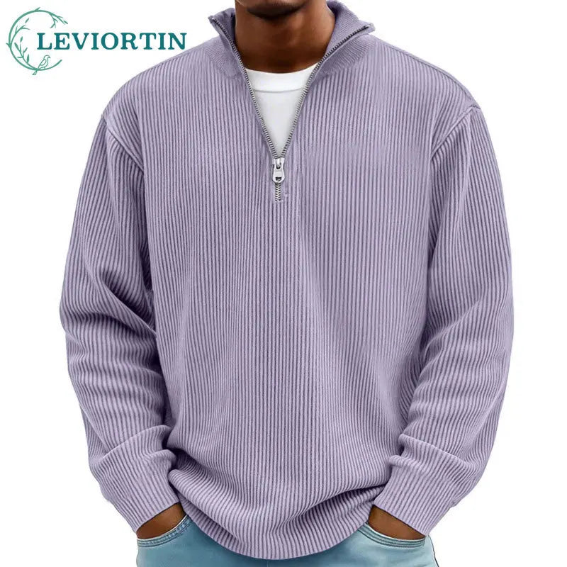 Men’s Half Zip Stand Collar Corduroy Polo Sweatshirt – Casual Autumn Winter Top