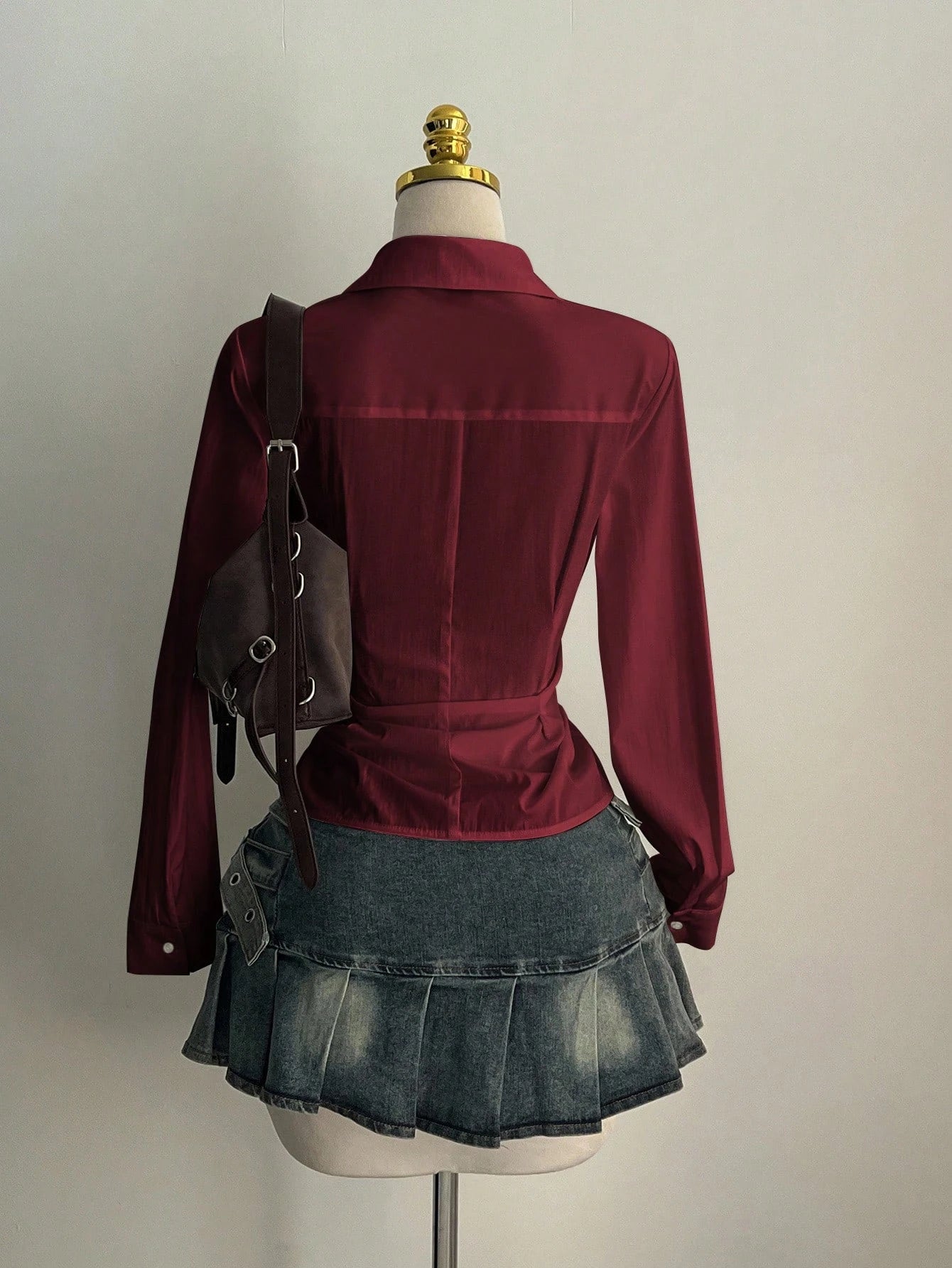 Side Strap V Neck Long Sleeve Pleated Top – Women’s Casual Shirt