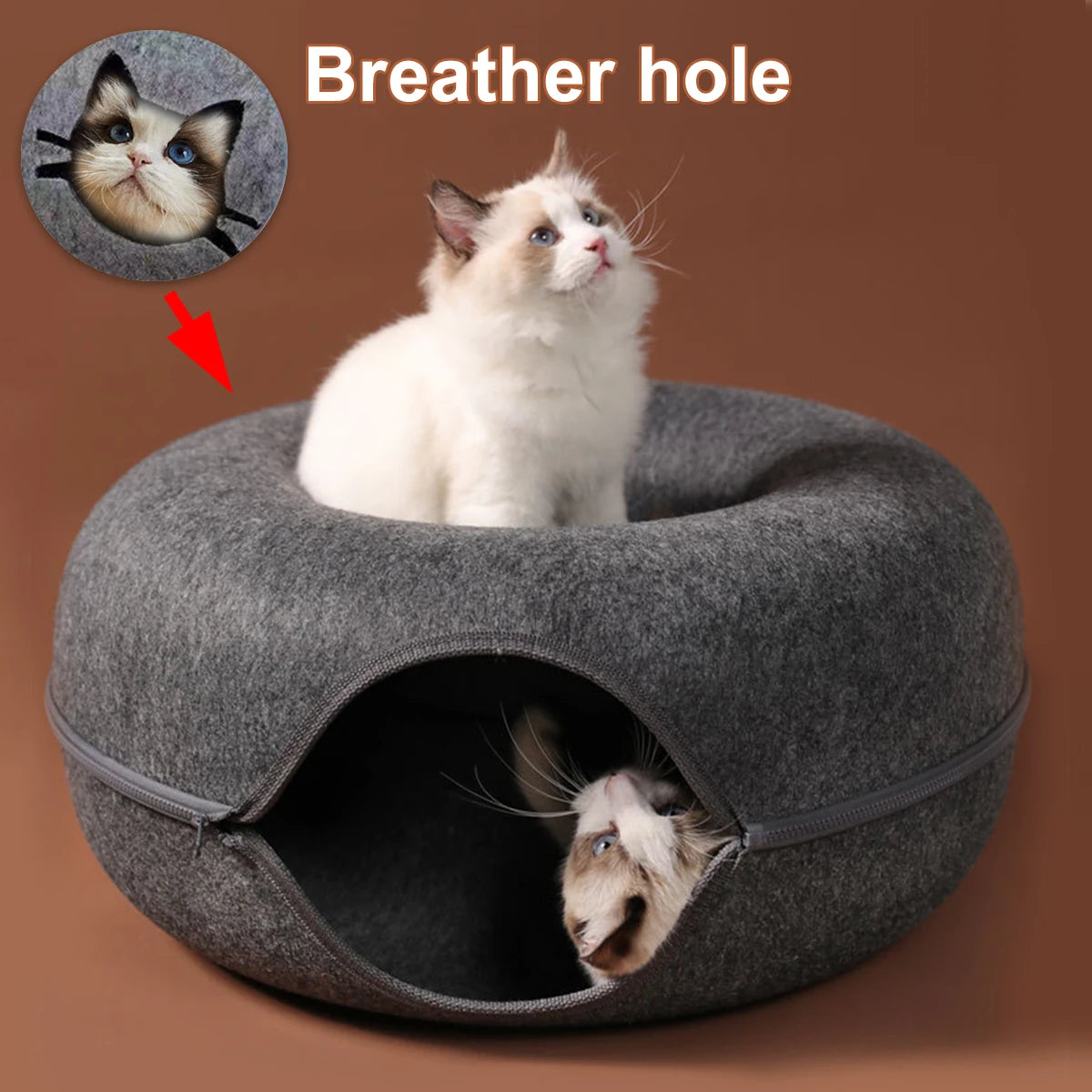 Round Cat Tunnel Nest – Felt Kitten Bed House with Scratcher & Donut Sleeping Toy