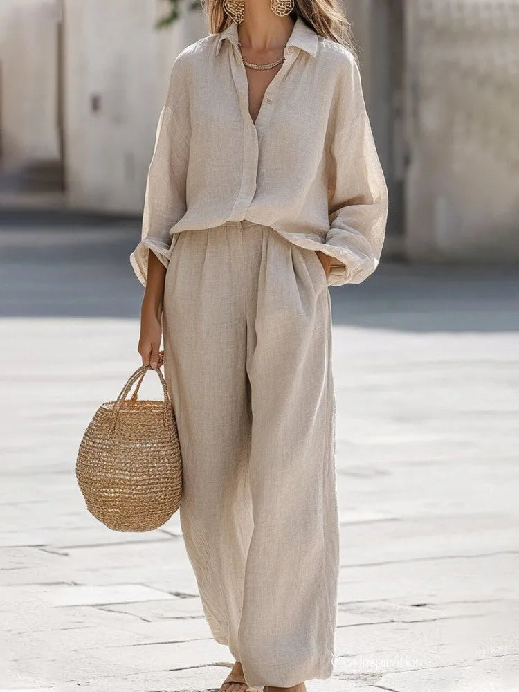 Casual Lapel Long Sleeve Shirt & Wide Leg Pants Two Piece Set – Women’s Cotton Suit