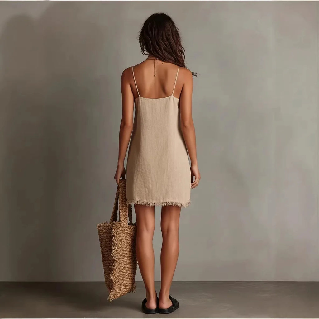 V Neck Tassel Mini Dress – Solid Color Spaghetti Strap Summer Dress