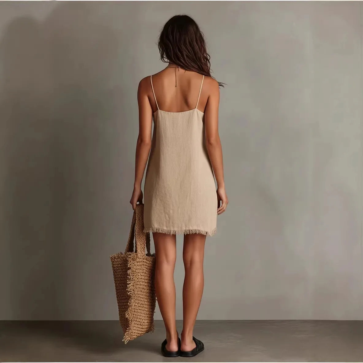 V Neck Tassel Mini Dress – Solid Color Spaghetti Strap Summer Dress