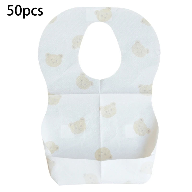 50-Pack Disposable Baby Bibs – Waterproof Cartoon Bear Feeding Bibs for 6M–2Y