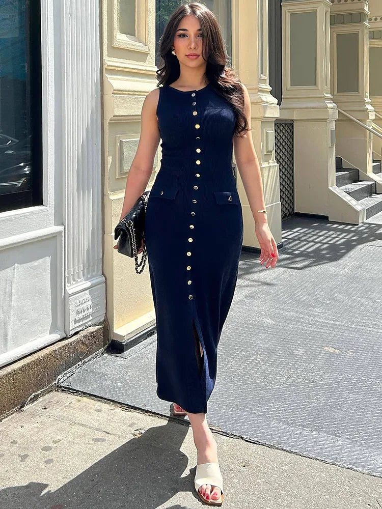 Ribbed Knit Sleeveless Button Maxi Dress | Slim Fit