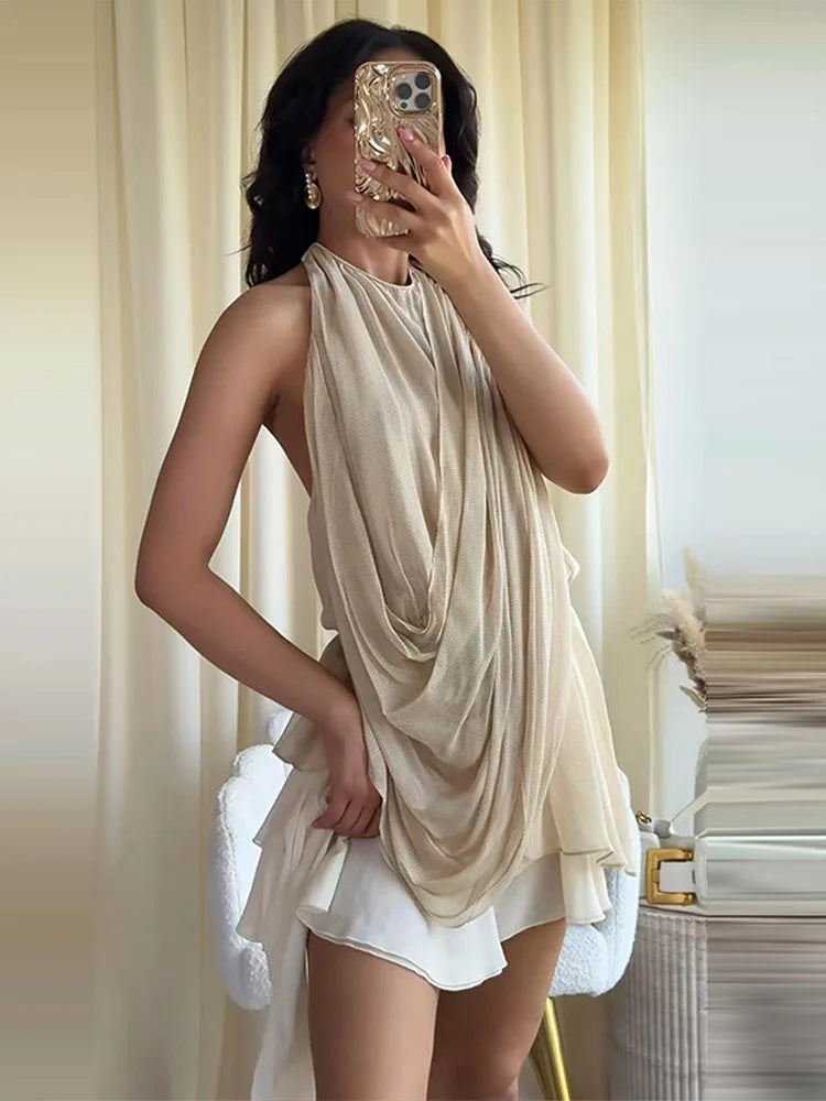 Pleated Halter Backless Vest Top – Women’s Chic Sleeveless Tank