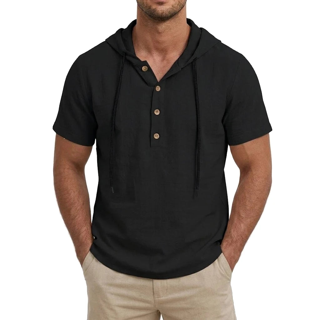 Men’s Linen Hooded Short Sleeve Hawaiian Shirt – Lightweight Button Cotton T-Shirt