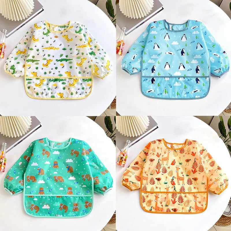 Baby Waterproof Long Sleeve Bib – Cartoon Animal Art Apron for Self-Feeding 0–3 Years