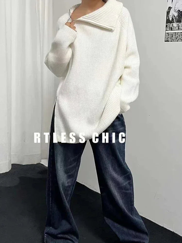 Turtleneck Zipper Oversized Knit Sweater – Women’s Warm Autumn Pullover
