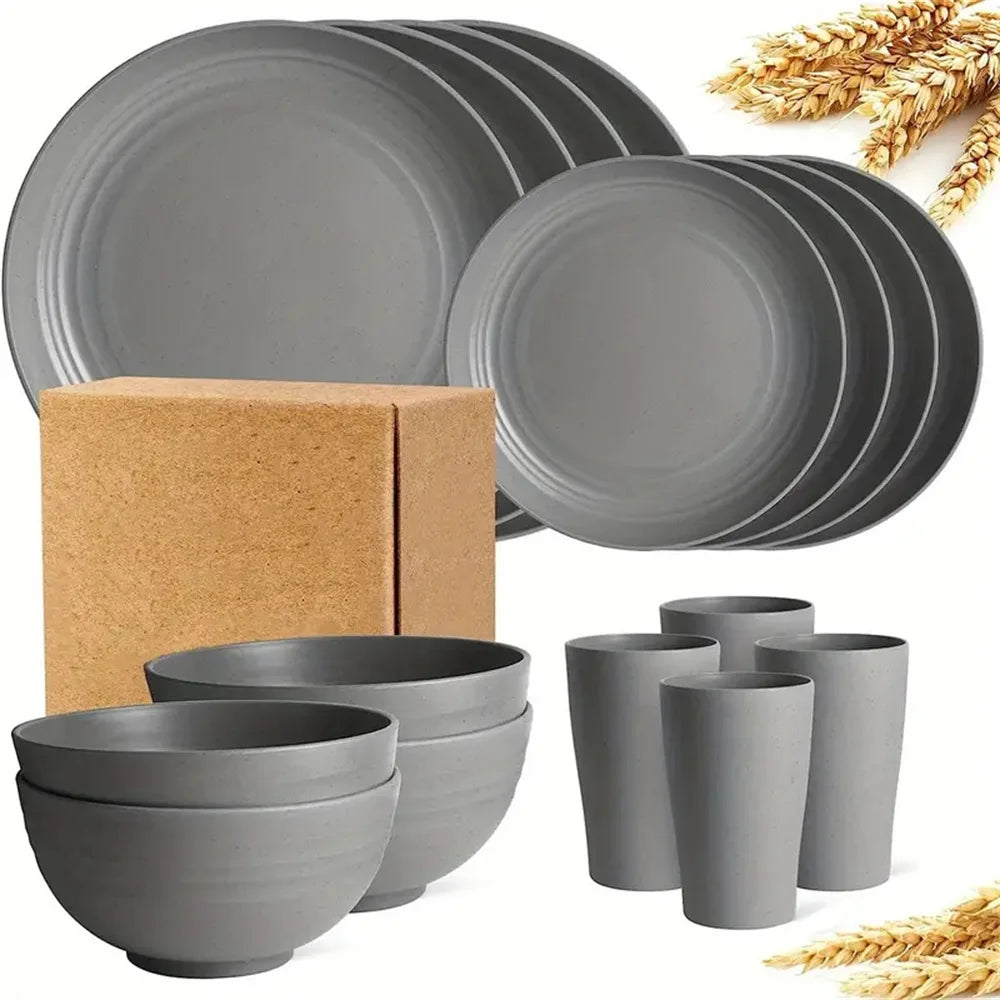 16-Piece Wheat Straw Non-Fragile Tableware Set – Microwave & Dishwasher Safe Reusable Plates