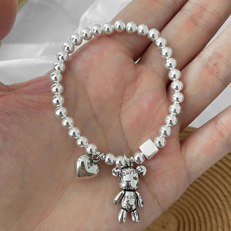 Stainless Steel Beaded Bear Pendant Bracelet for Women – Vintage Cute Party Jewelry