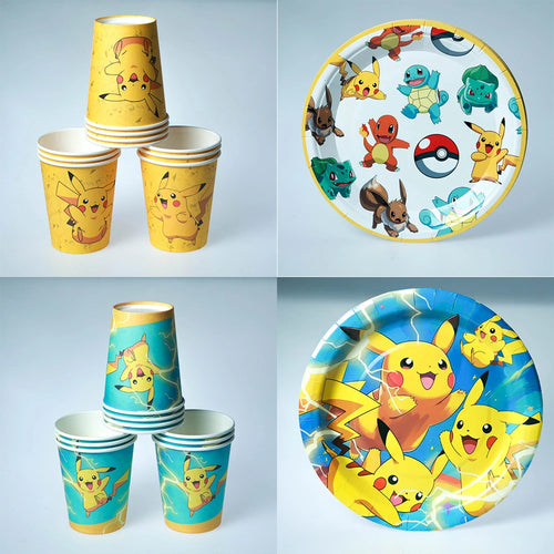 60pcs Pokemon Tableware Pikachu Birthday Decoration Disposable Cups Plates Napkins Happy Birthday Baby Shower Supplies Toys ﻿