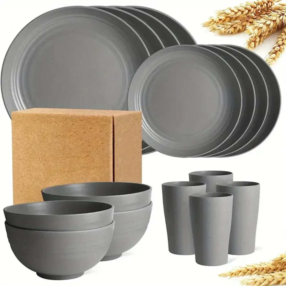 16-Piece Wheat Straw Non-Fragile Tableware Set – Microwave & Dishwasher Safe Reusable Plates