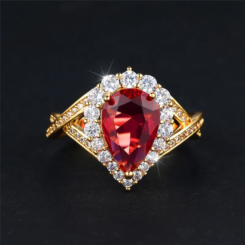 Luxury Red Water Drop Zircon Engagement Ring – Gold Bridal Wedding Jewelry for Women