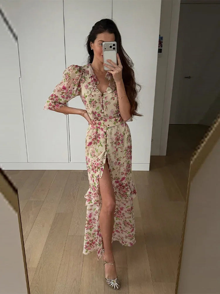 Flutter Sleeve Floral Maxi Dress – Deep V Neck Summer Holiday Dress