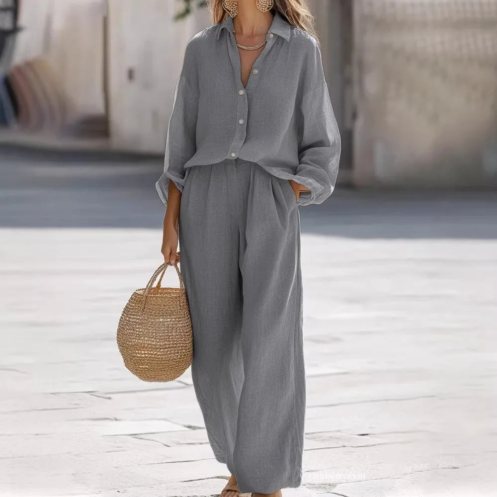 Casual Lapel Long Sleeve Shirt & Wide Leg Pants Two Piece Set – Women’s Cotton Suit