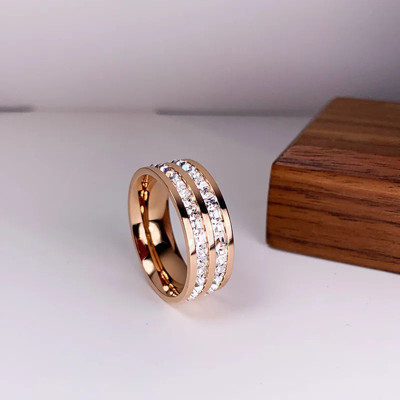 Square Zircon Stainless Steel Couple Ring – Romantic Engagement Wedding Ring for Women & Men