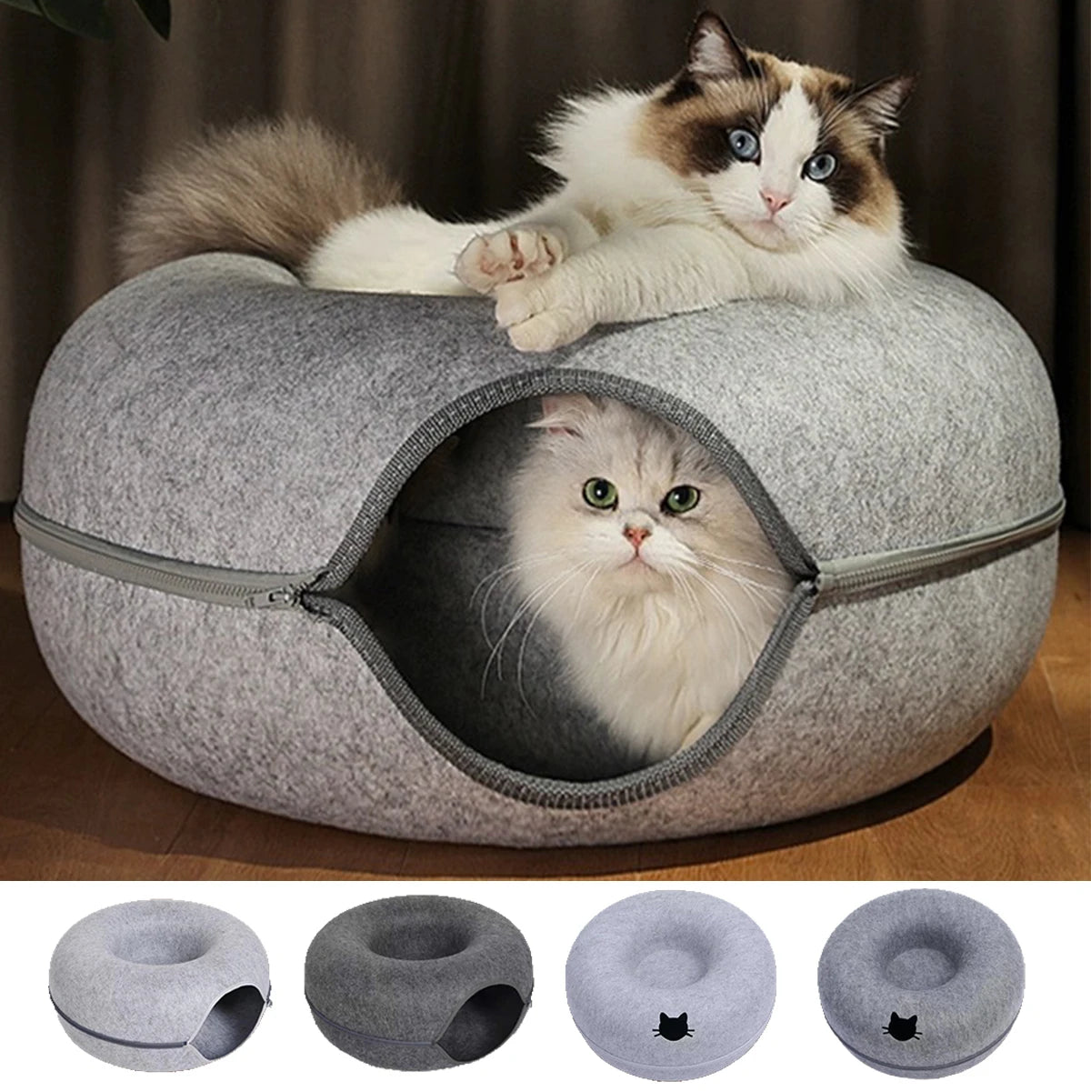 Round Cat Tunnel Nest – Felt Kitten Bed House with Scratcher & Donut Sleeping Toy