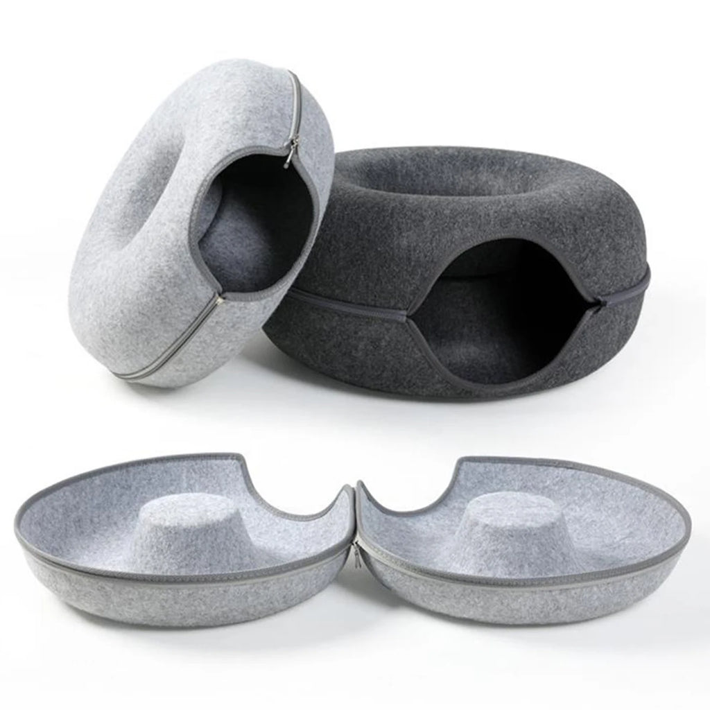 Round Cat Tunnel Nest – Felt Kitten Bed House with Scratcher & Donut Sleeping Toy
