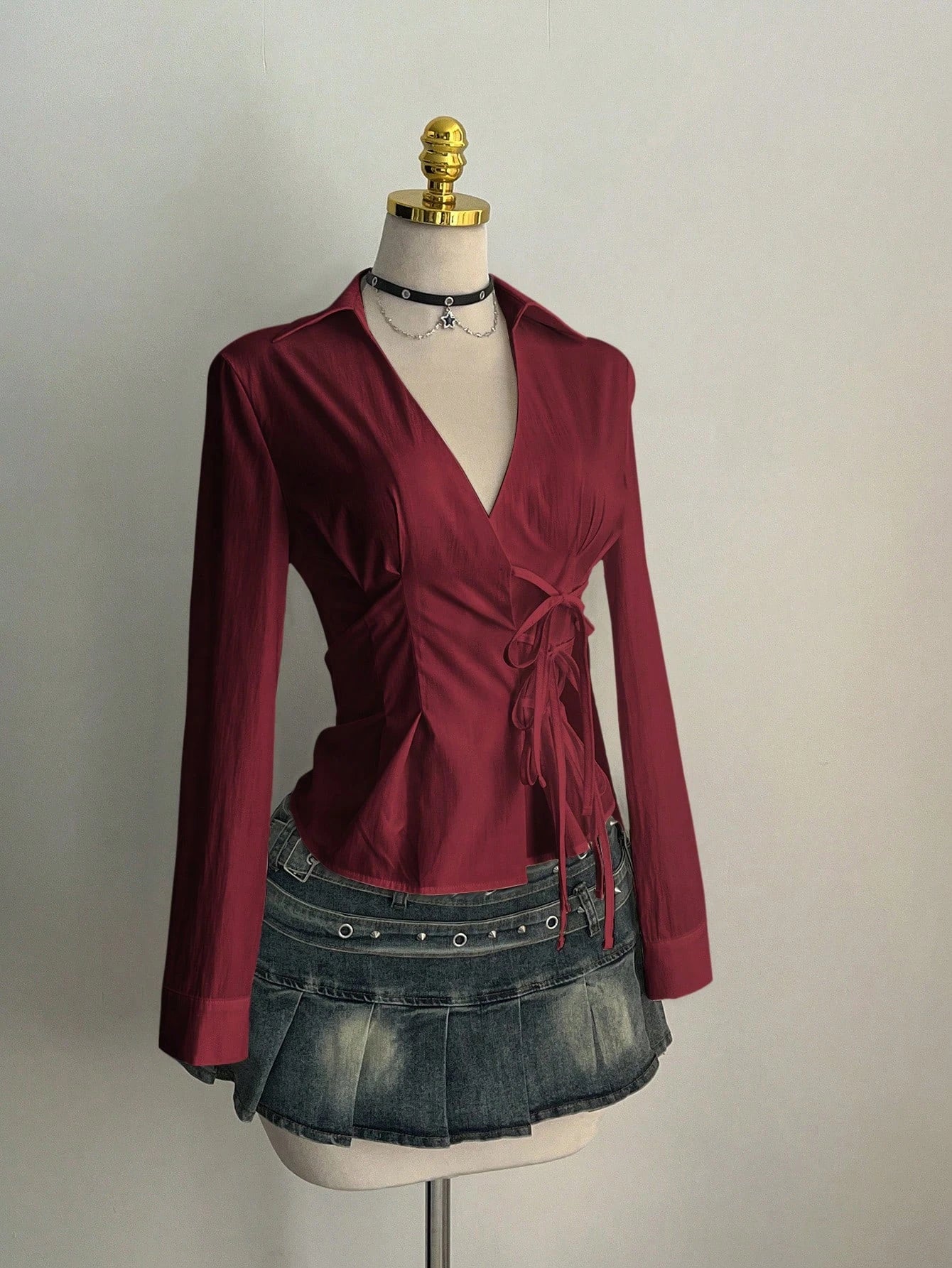 Side Strap V Neck Long Sleeve Pleated Top – Women’s Casual Shirt