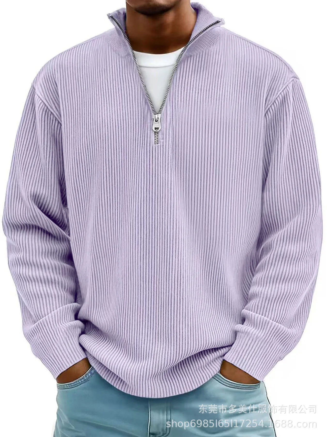 Men’s Half Zip Stand Collar Corduroy Polo Sweatshirt – Casual Autumn Winter Top