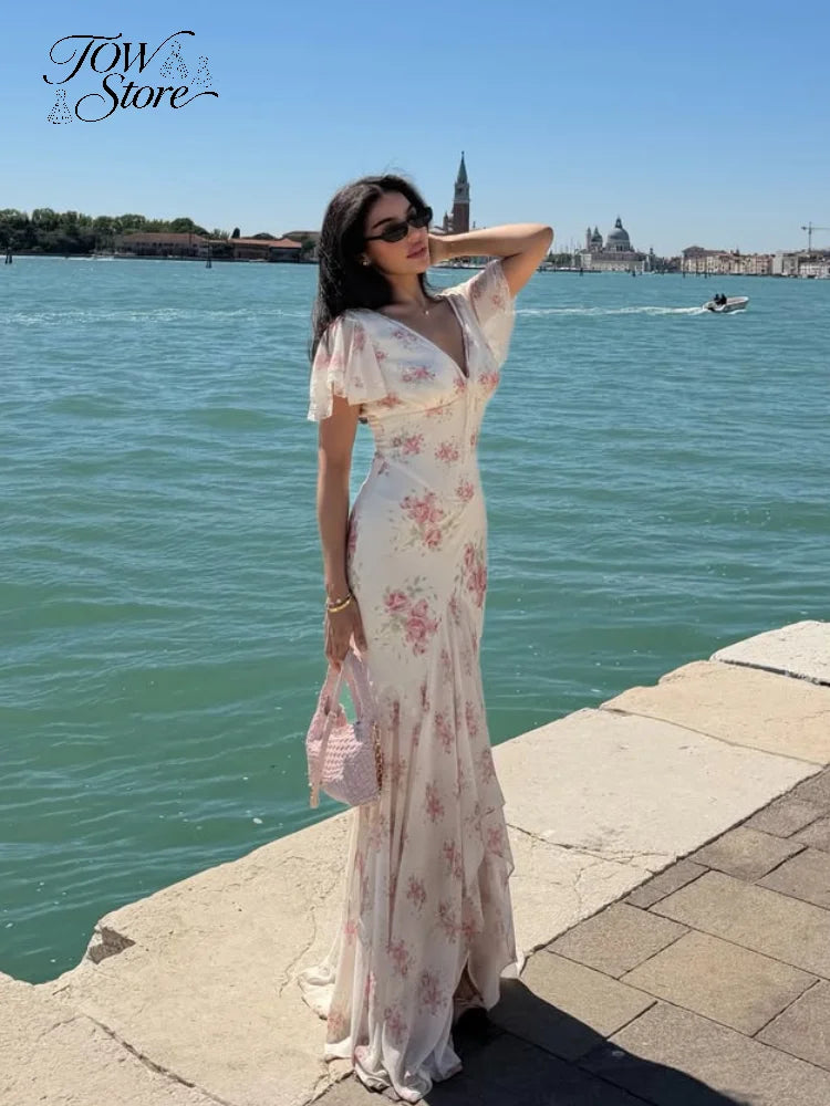 Flutter Sleeve Floral Maxi Dress – Deep V Neck Summer Holiday Dress