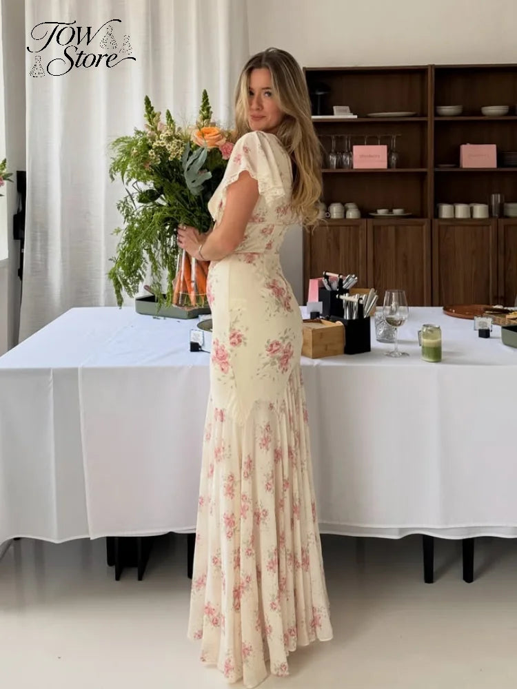 Flutter Sleeve Floral Maxi Dress – Deep V Neck Summer Holiday Dress