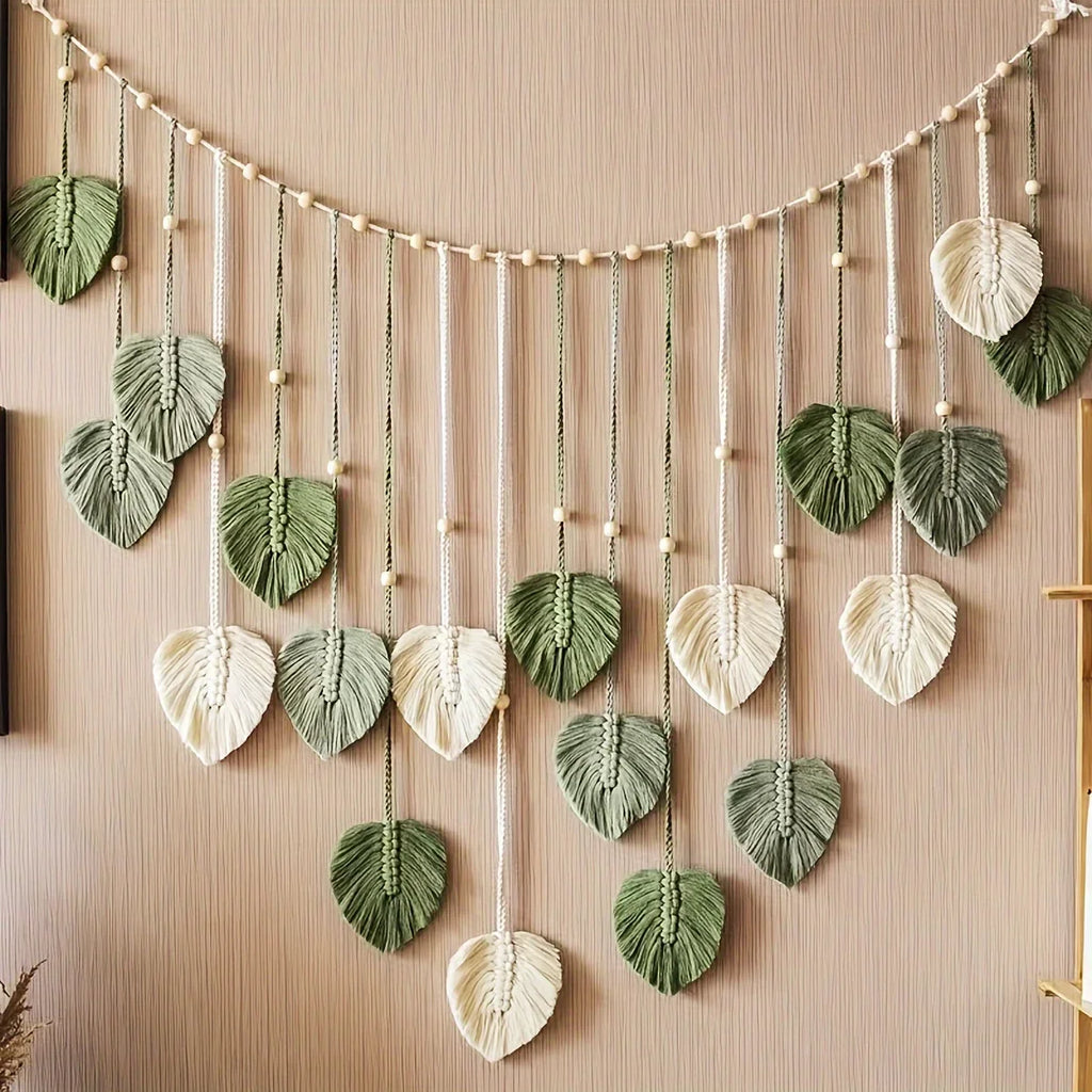 Bohemian Green Leaf Woven Wall Hanging | Feather Decor for Living Room & Bedroom